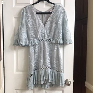 NWOT Selfie Leslie Caspar Leafy Embroidered Baby Blue Dress Ruffle Tulle size S
